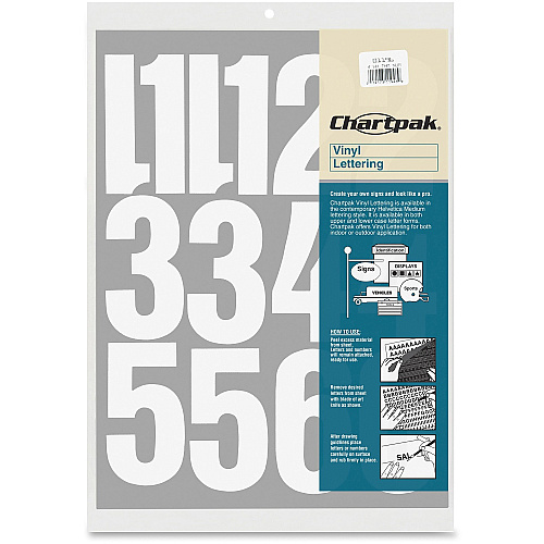 Chartpak Permanent Adhesive Vinyl Numbers 23 x Numbers Shape - Self-adhesive - Helvetica Style - Easy to Use - 4" Height - White - Vinyl - 1 Pack (01196)