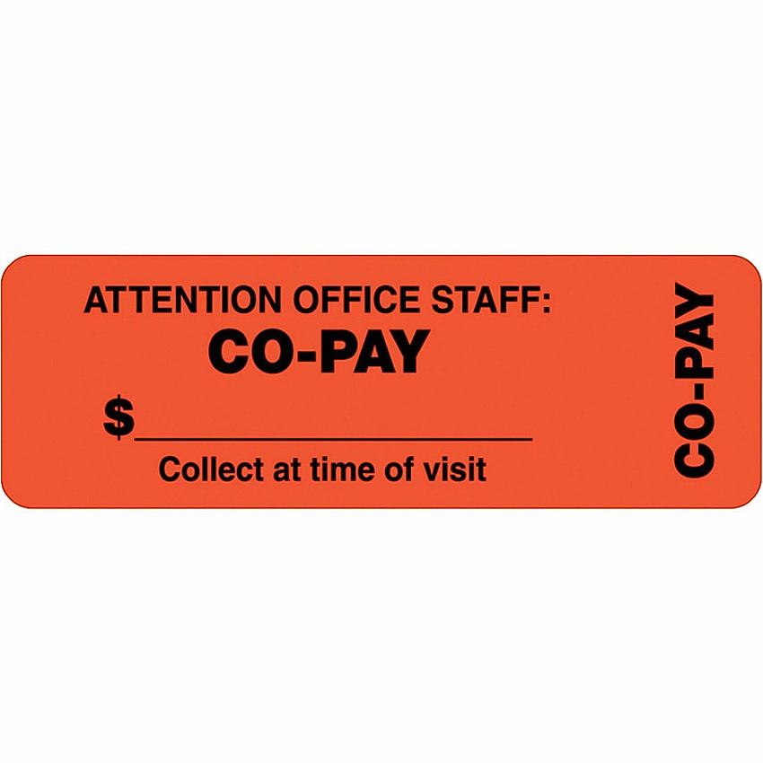 Tabbies CO-PAY Wrap Labels Collect at Time of Visit, Attention Office Staff: Co-Pay - 3" Width x 1" Length - Rectangle - Fluorescent Red Orange - 500 / Roll - 500 / Roll (40566)