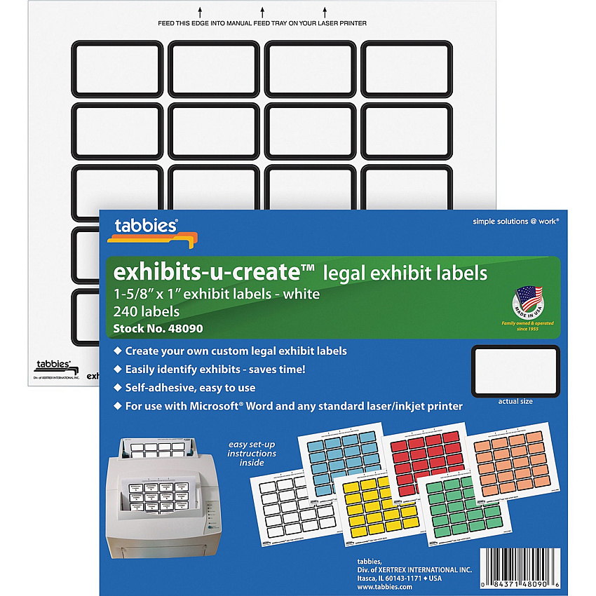 Tabbies Legal Exhibits-U-Create 1" Labels 1 5/8" Width x 1" Length - Laser - White - 20 / Sheet - 240 / Pack (48090)