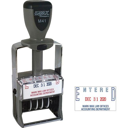 Xstamper ClassiX Self-inking Date Stamp Custom Message/Date Stamp - 1.25" Impression Width x 2" Impression Length - Red, Blue - Metal - 1 Each (M41)