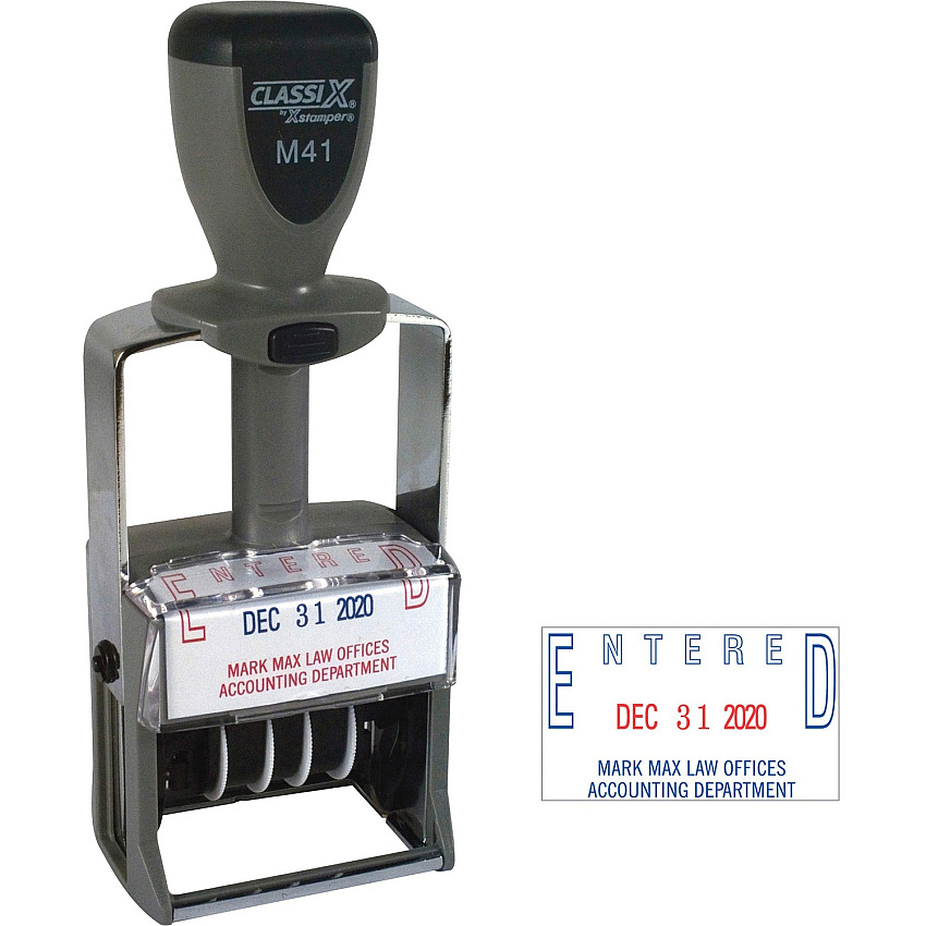 Xstamper ClassiX Self-inking Date Stamp Custom Message/Date Stamp - 1.25" Impression Width x 2" Impression Length - Red, Blue - Metal - 1 Each (M41)