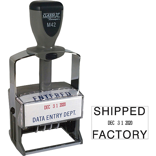 Xstamper ClassiX Self-inking Date Stamp Custom Message/Date Stamp - 1.37" Impression Width x 2.25" Impression Length - Red, Blue - 1 Each (M42)
