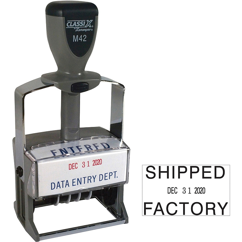 Xstamper ClassiX Self-inking Date Stamp Custom Message/Date Stamp - 1.37" Impression Width x 2.25" Impression Length - Red, Blue - 1 Each (M42)