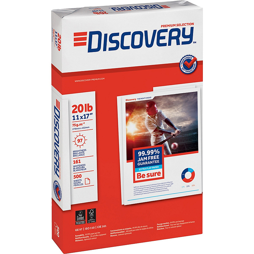 Discovery Premium Multipurpose Paper - Anti-Jam - White 97 Brightness - Ledger/Tabloid - 11" x 17" - 20 lb Basis Weight - Excellent Ink Absorption - White - 500 Sheets per Ream - 5 / Carton (00042)