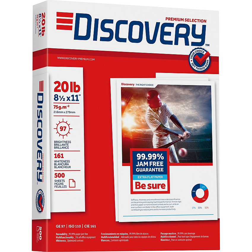 Discovery 3HP Premium Multipurpose Paper - Anti-Jam - Ultra White 97 Brightness - Letter - 8 1/2" x 11" - 20 lb Basis Weight - Excellent Ink Absorption - Ultra White - 500 Sheets per Ream - 5 / Carton (00101)