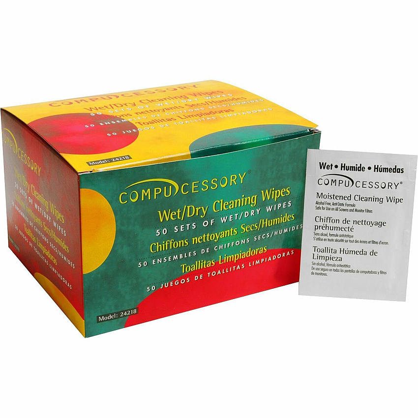 Compucessory Wet and Dry Screen Cleaning Wipes For Display Screen - 2 - 50 / Box - White (24218)