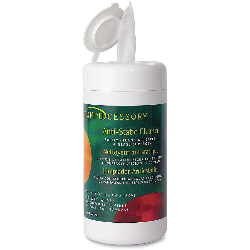 Compucessory Anti-Static Cleaning Wipe For Display Screen, Notebook, GPS Navigation System, Digital Player, Mobile Phone, Optical Disc Player - Non-abrasive, Anti-static, Alcohol-free, Pre-moistened, Pre-moistened - 100 / Tub - 1 Each (24224)