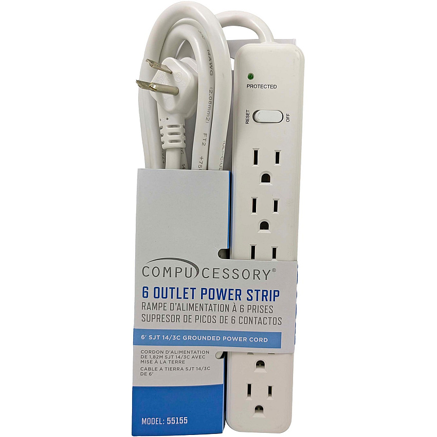 Compucessory 6-Outlet Power Strips 6 - 6 ft Cord - 104 J Surge Energy - 15 A Current - 125 V AC Voltage - Strip - Putty (55155)