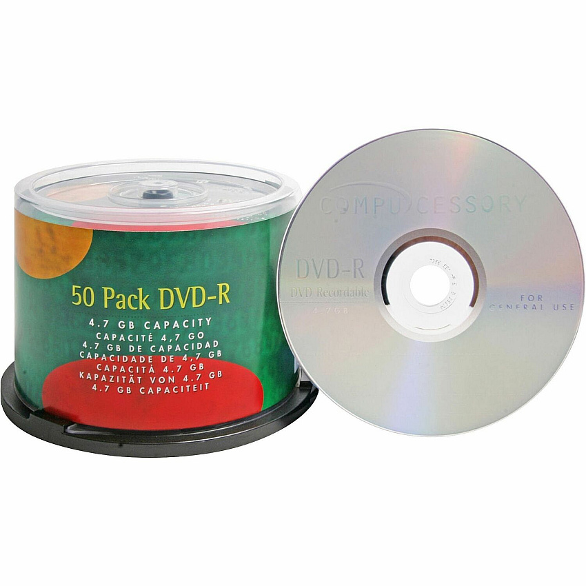 Compucessory DVD Recordable Media - DVD-R - 16x - 4.70 GB - 50 Pack - Silver 120mm - 2 Hour Maximum Recording Time (35557)