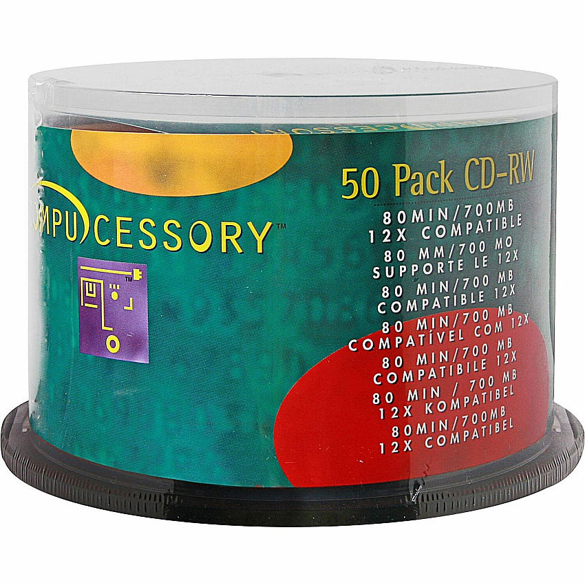 Compucessory CD Rewritable Media - CD-RW - 12x - 700 MB - 50 Pack - Silver 120mm - 1.33 Hour Maximum Recording Time (72102)