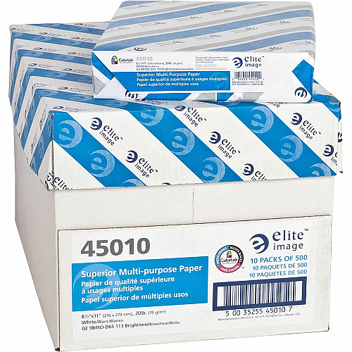 Elite Image Multipurpose Paper 98 Brightness - Letter - 8 1/2" x 11" - 20 lb Basis Weight - Sustainable Forestry Initiative (SFI) - Bright White - 500/Pack - 10 / Carton (45010)