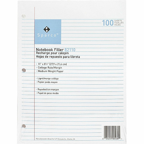 Sparco Notebook Filler Paper - Letter 100 Sheets - Ruled Red Margin - 16 lb Basis Weight - Letter - 8 1/2" x 11" Sheet Size - White Paper - Subject - 100 / Pack (82110)