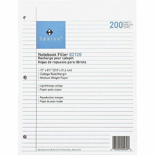 Sparco Notebook Filler Paper - Letter 200 Sheets - Ruled Red Margin - 16 lb Basis Weight - Letter - 8 1/2" x 11" Sheet Size - White Paper - Subject - 200 / Pack (82120)