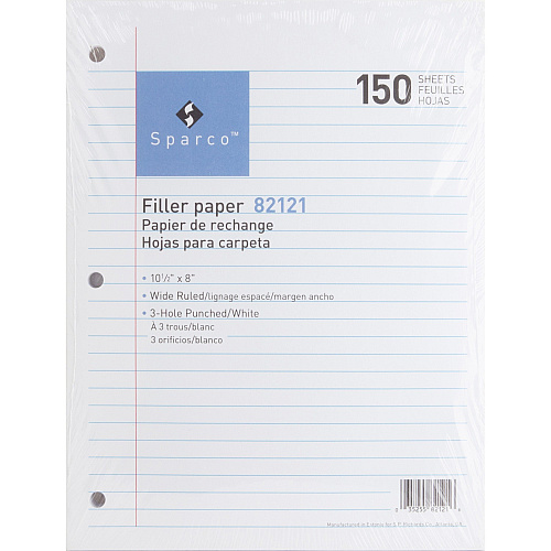 Sparco 3HP Filler Paper 150 Sheets - Wide Ruled Front Ruling - 16 lb Basis Weight - 8" x 10 1/2" Sheet Size - White Paper - Bleed-free - 150 / Pack (82121)