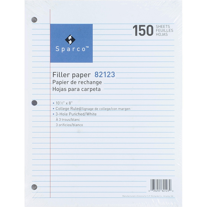 Sparco 3-hole Punched Filler Paper 150 Sheets - College Ruled Front Ruling - Ruled Red Margin - 16 lb Basis Weight - 8" x 10 1/2" Sheet Size - White Paper - Bleed-free - 150 / Pack (82123)