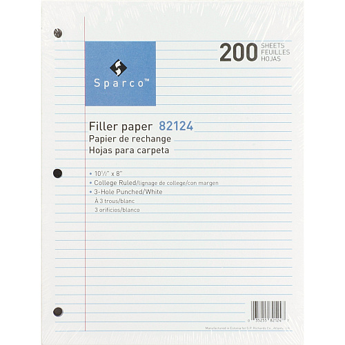 Sparco 3-hole Punched Filler Paper 200 Sheets - College Ruled Front Ruling - Ruled Red Margin - 16 lb Basis Weight - 8" x 10 1/2" Sheet Size - White Paper - Bleed-free - 200 / Pack (82124)