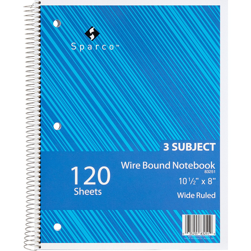 Sparco Quality 3HP Notebook 3 Subject(s) - 120 Sheets - Wire Bound - Wide Ruled Front Ruling - Unruled Margin - 16 lb Basis Weight - 8" x 10 1/2" Sheet Size - Bright White Paper - Assorted Chipboard Cover - Bleed Resistant, Stiff-cover - 1 Each (83251)