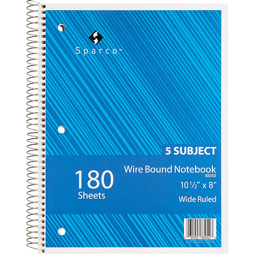 Sparco Quality 3HP Notebook 5 Subject(s) - 180 Sheets - Wire Bound - Wide Ruled Front Ruling - Unruled Margin - 16 lb Basis Weight - 8" x 10 1/2" Sheet Size - Bright White Paper - Assorted Chipboard Cover - Bleed Resistant, Stiff-cover - 1 Each (83252)