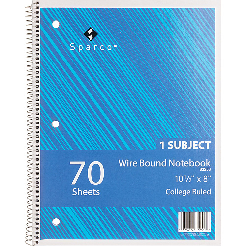 Sparco Wirebound Notebook 70 Sheets - Wire Bound - College Ruled Front Ruling - Unruled Margin - 16 lb Basis Weight - 8" x 10 1/2" Sheet Size - Assorted Paper - Assorted Chipboard Cover - Subject, Stiff-cover, Stiff-back, Perforated, Hole-punched  (83253)