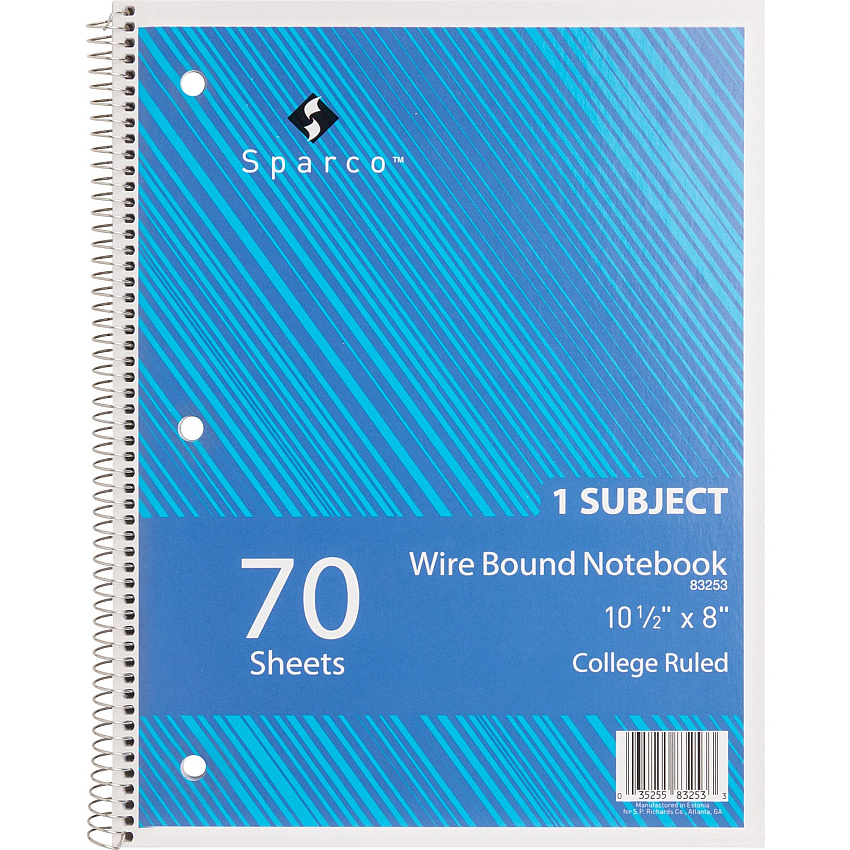 Sparco Wirebound Notebook 70 Sheets - Wire Bound - College Ruled Front Ruling - Unruled Margin - 16 lb Basis Weight - 8" x 10 1/2" Sheet Size - Assorted Paper - Assorted Chipboard Cover - Subject, Stiff-cover, Stiff-back, Perforated, Hole-punched  (83253)