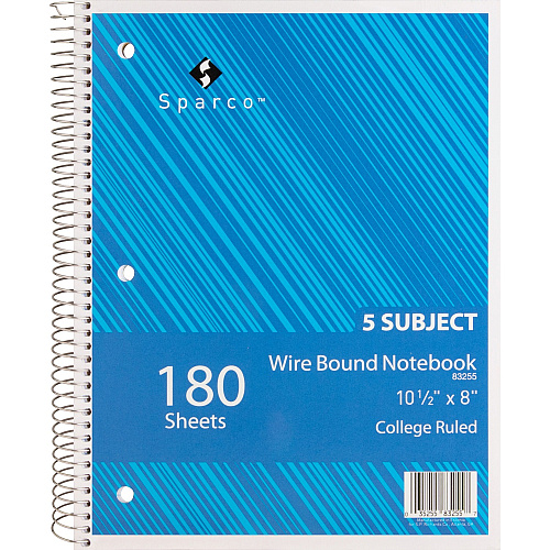 Sparco Wirebound College Ruled Notebooks 180 Sheets - Wire Bound - College Ruled Front Ruling - Unruled Margin - 8" x 10 1/2" Sheet Size - Assorted Paper - Assorted Chipboard Cover - Resist Bleed-through, Subject, Stiff-back, Stiff-cover - 1 Each (83255)