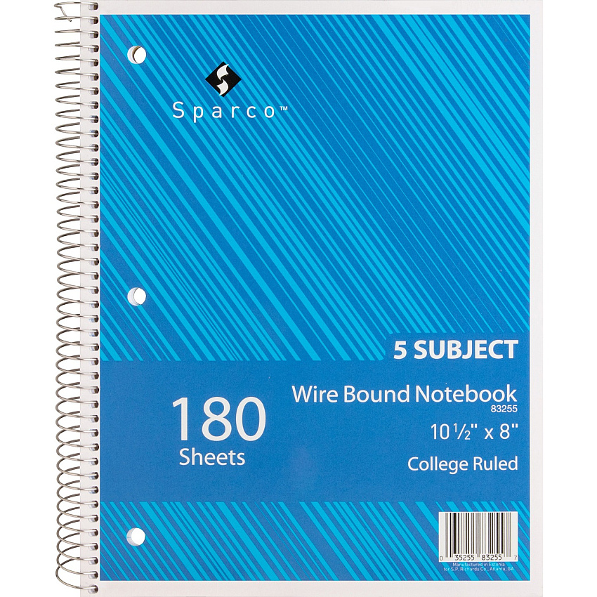 Sparco Wirebound College Ruled Notebooks 180 Sheets - Wire Bound - College Ruled Front Ruling - Unruled Margin - 8" x 10 1/2" Sheet Size - Assorted Paper - Assorted Chipboard Cover - Resist Bleed-through, Subject, Stiff-back, Stiff-cover - 1 Each (83255)