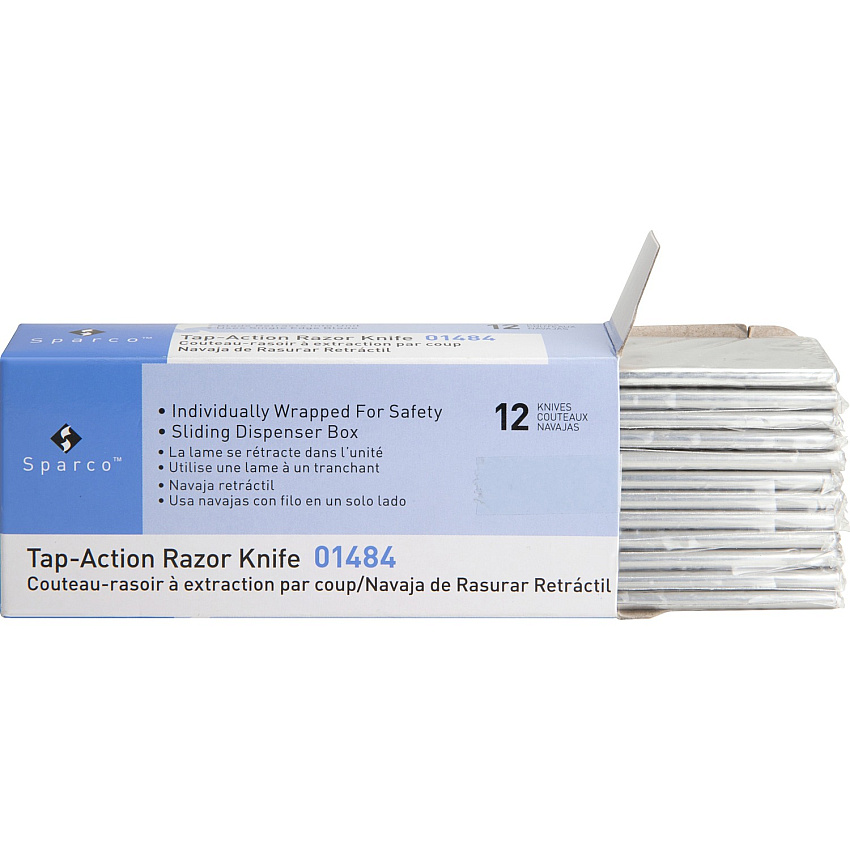 Sparco Tap Action Razor Knife Stainless Steel Blade - 1" Width x 3" Length - Retractable, Reversible - 12 / Box (01484)