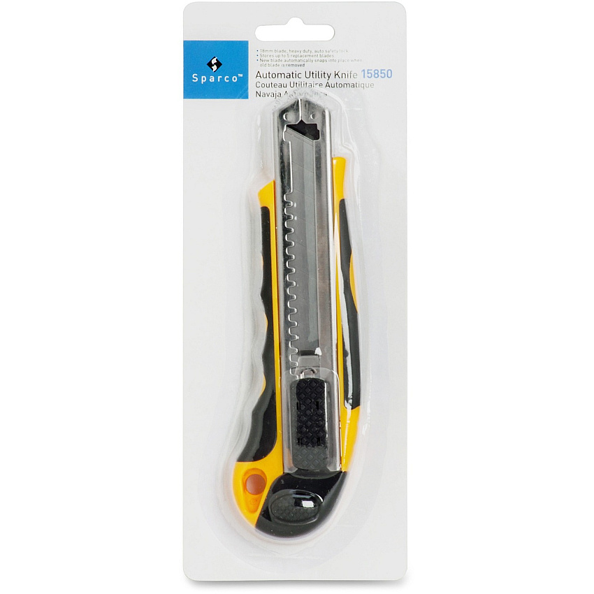 Sparco Automatic Utility Knife 5 Metal Blade - Heavy Duty - Acrylonitrile Butadiene Styrene (ABS) - Black, Yellow - 1 Each (15850)