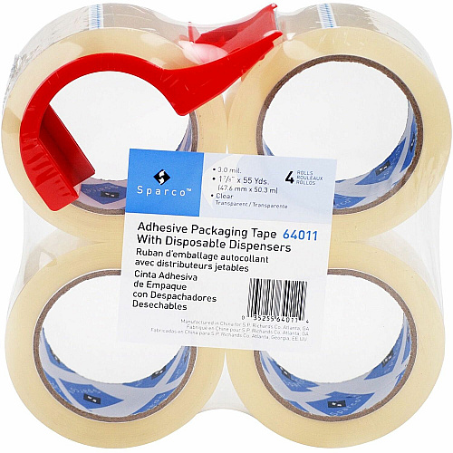 Sparco Heavy-duty Packaging Tape with Dispenser 55 yd Length x 2" Width - 3" Core - Clear - 3 mil - Acrylic Backing - Dispenser Included - Tear Resistant, Split Resistant, Breakage Resistance - For Packing - 4 / Pack (64011)