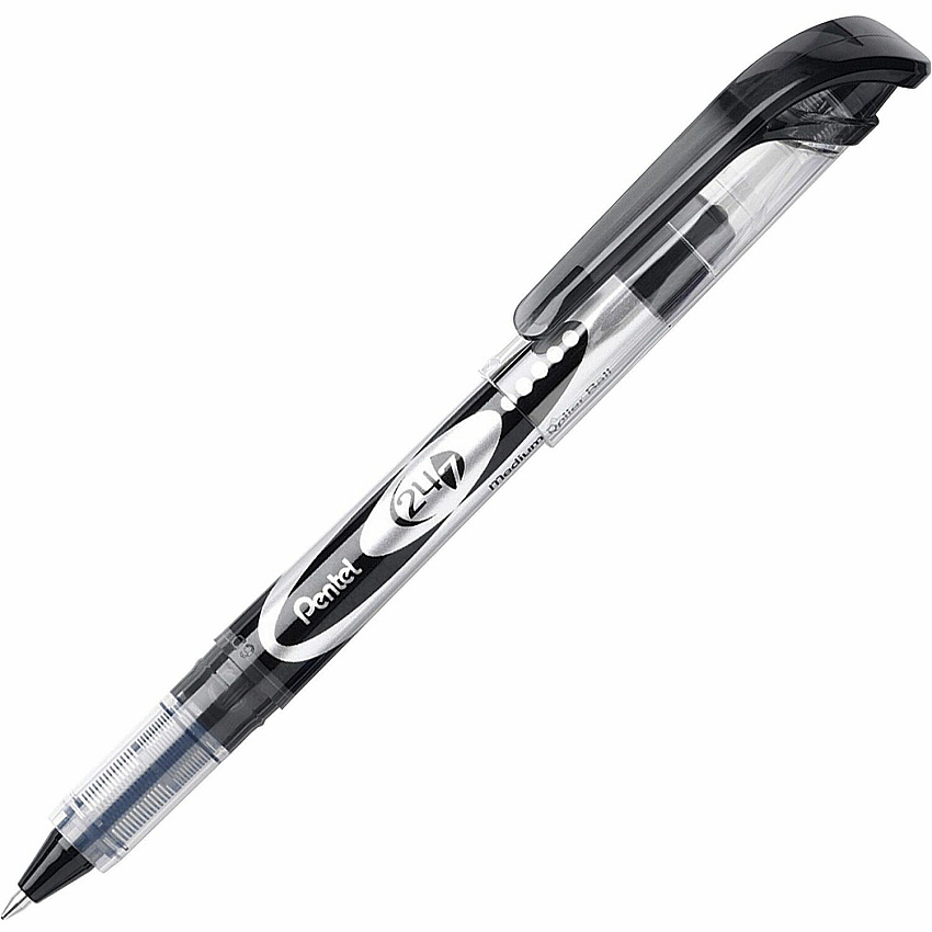 Pentel 24/7 Rollerball Pens 0.7 mm Medium Pen Point - Black Ink - Water Based - Black Barrel - Metal Tip - 1 Dozen (BLD97A)
