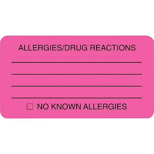 Tabbies ALLERY/DRUG REACTIONS Alert Labels 3 1/4" Width x 1 3/4" Length - Pink - 250 / Roll (01730)
