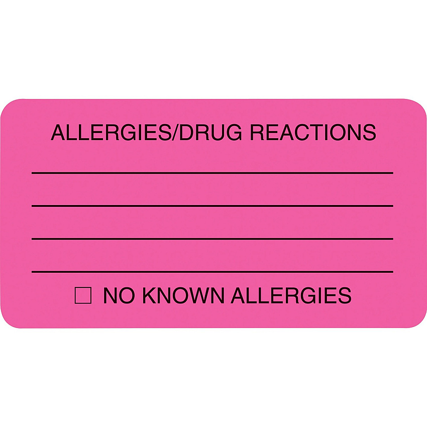 Tabbies ALLERY/DRUG REACTIONS Alert Labels 3 1/4" Width x 1 3/4" Length - Pink - 250 / Roll (01730)