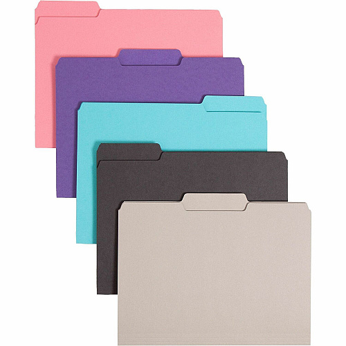 Smead Interior Folders 8 1/2" x 11" - 3/4" Expansion - Top Tab Location - Assorted Tab Position - 11 pt. - 1 Plys - Paper Stock - Aqua, Black, Dark Pink, Gray, Purple - 10% Recycled - 100 / Box (10295)