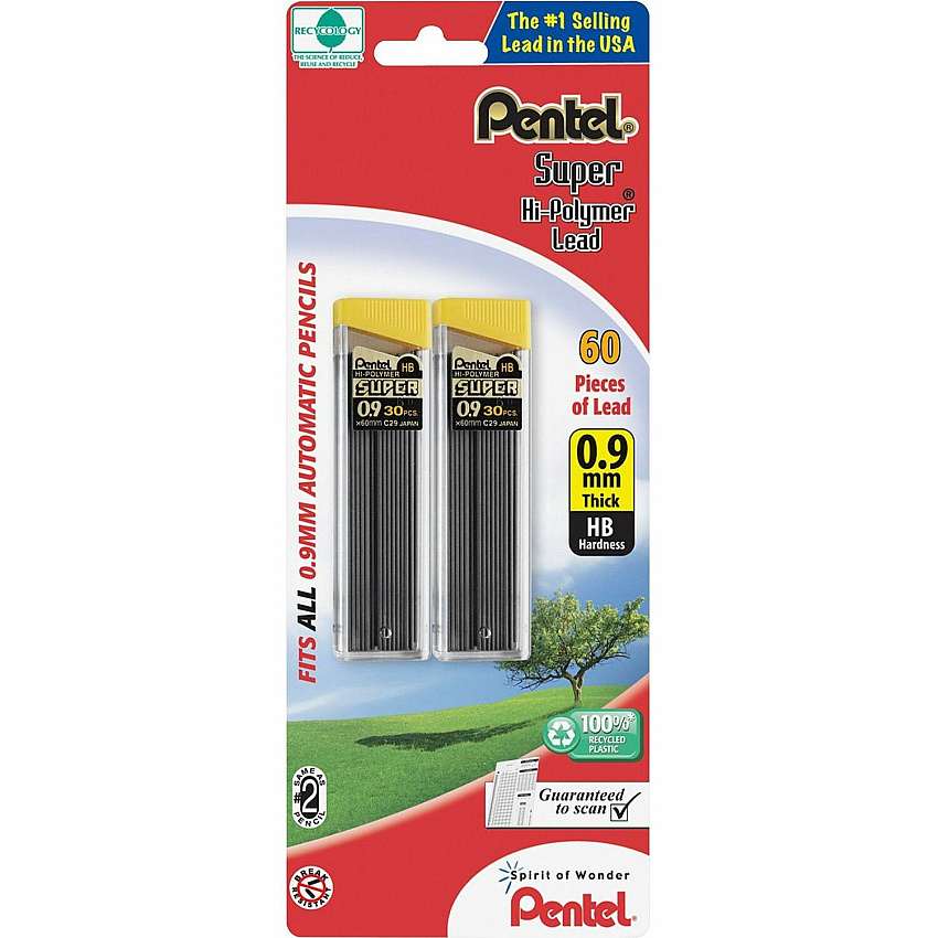 Pentel Super Hi-Polymer 0.9mm Lead Refill 0.9 mm , Bold Point - HB - Black Lead - 30/Tube - 2 / Pack (C29BPHB2)