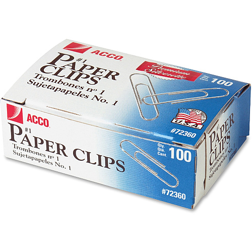 ACCO Premium Paper Clips No. 1 - 10 Sheet Capacity - Galvanized, Corrosion Resistant - Silver - Metal, Zinc Plated - 100/Box - 10 / Pack (72360)