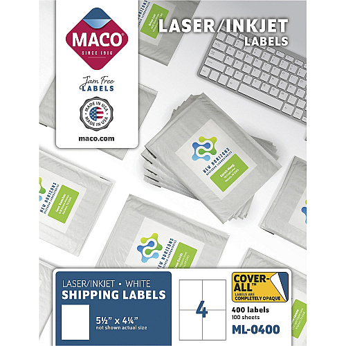 MACO White Laser/Ink Jet Shipping Label 5 1/2" Width x 4 1/4" Length - Rectangle - Laser, Inkjet - White - Lignin-free - 4 / Sheet - 400 / Box (ML0400)