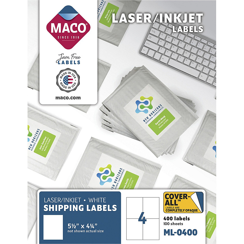 MACO White Laser/Ink Jet Shipping Label 5 1/2" Width x 4 1/4" Length - Rectangle - Laser, Inkjet - White - Lignin-free - 4 / Sheet - 400 / Box (ML0400)