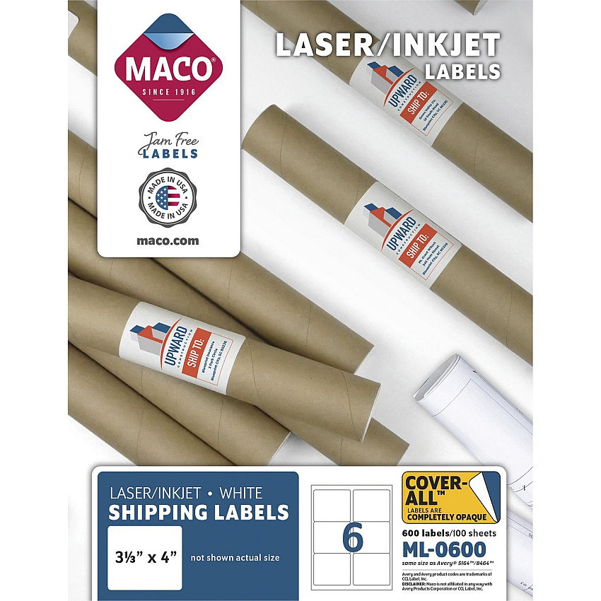 MACO White Laser/Ink Jet Shipping Label 3 21/64" Width x 4" Length - Rectangle - Laser, Inkjet - White - Lignin-free - 6 / Sheet - 600 / Box (ML0600)