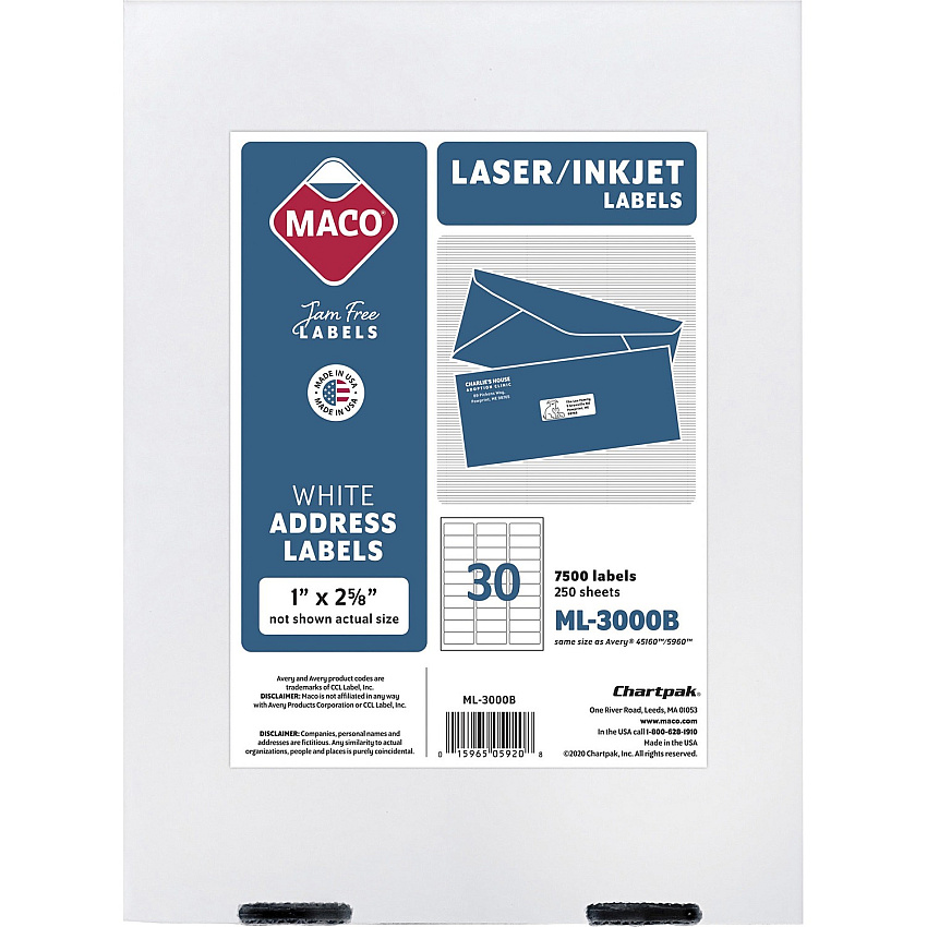 MACO White Laser/Ink Jet Address Label 1" Width x 2 5/8" Length - Permanent Adhesive - Rectangle - Laser, Inkjet - White - Lignin-free - 30 / Sheet - 7500 / Box (ML3000B)