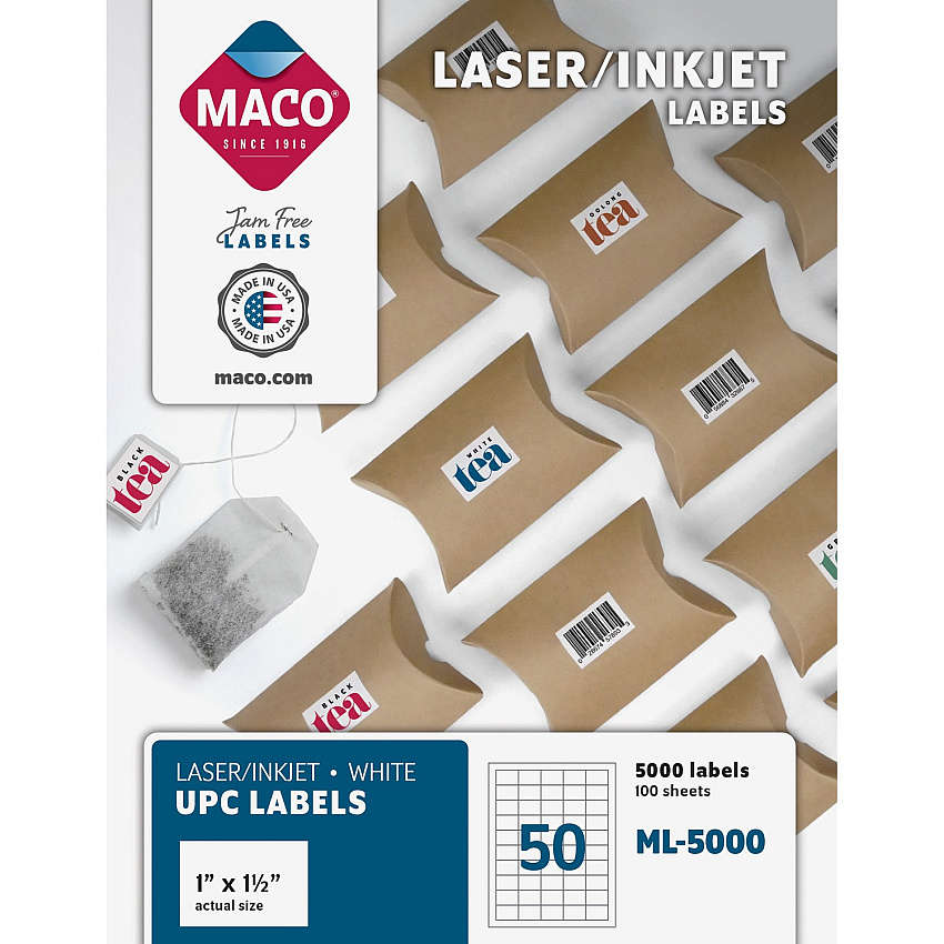 MACO Laser/Ink Jet White UPC Labels 1" Width x 1 1/2" Length - Permanent Adhesive - Rectangle - Laser, Inkjet - White - Lignin-free - 50 / Sheet - 5000 / Box (ML5000)