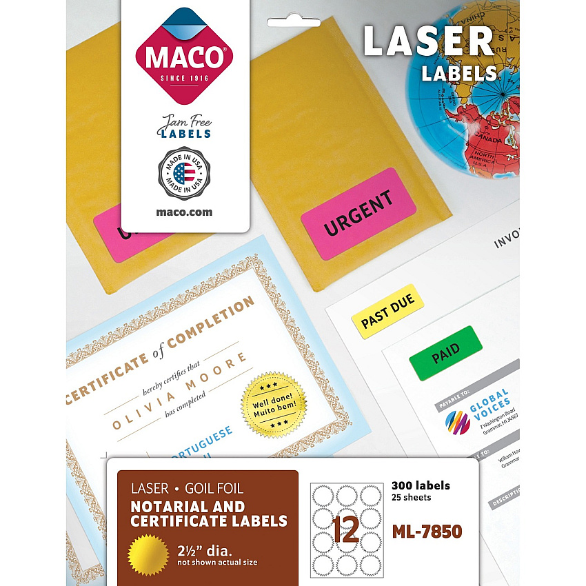 MACO Laser Gold Foil Notarial & Certificate Labels Round - 2.50" Diameter - Self-adhesive, Permanent - Gold - 300 / Pack (ML7850)