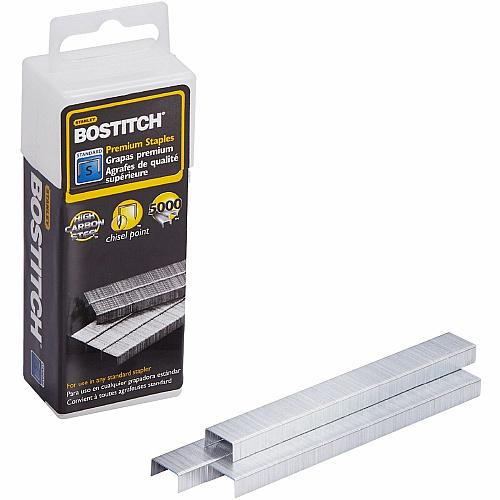 Bostitch Standard Premium Staples Standard - 1/4" Leg - Chisel Point - Silver - High Carbon Steel - 5.1" Height x 1.8" Width x 1.3" Length - 210 Per Strip - 5000 / Box (SB10)