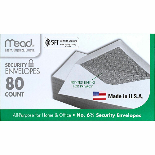 Mead White Security Envelopes Security - #6 3/4 - 6 1/2" Width x 3 5/8" Length - 20 lb - Gummed - White - Wove - 80 / Box (75212)
