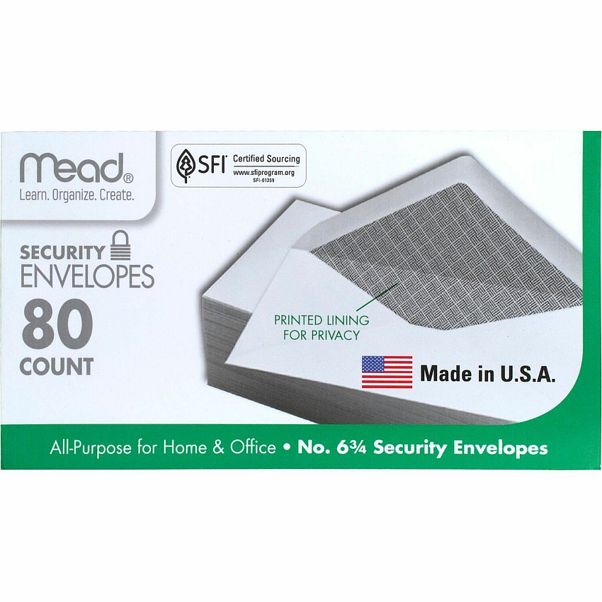 Mead White Security Envelopes Security - #6 3/4 - 6 1/2" Width x 3 5/8" Length - 20 lb - Gummed - White - Wove - 80 / Box (75212)