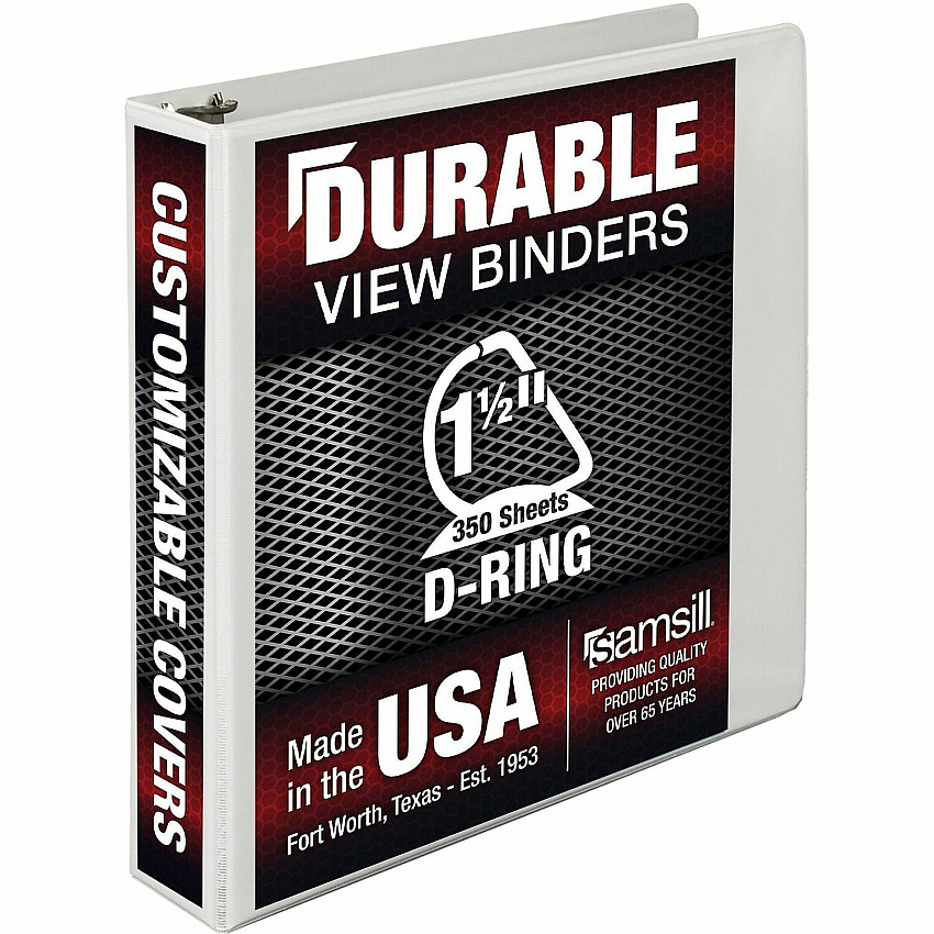 Samsill Insertable D-Ring Binder 1 1/2" Binder Capacity - Letter - 8 1/2" x 11" Sheet Size - 375 Sheet Capacity - 3 Ring - Fastener: D-Ring - Pocket: 2, Internal - Polypropylene, Chipboard - White - 1.17 lb - Recycled - Locking Ring, Clear Overlay (16457)