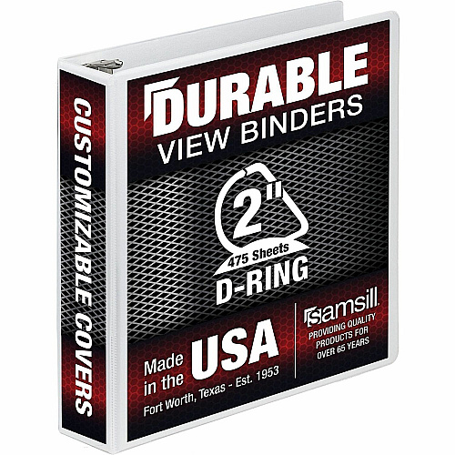 Samsill Insertable D-Ring Binder 2" Binder Capacity - Letter - 8 1/2" x 11" Sheet Size - 500 Sheet Capacity - 3 Ring - Fastener: D-Ring - Pocket: 2, Internal - Polypropylene, Chipboard - White - 1.66 lb - Recycled - Locking Ring, Clear Overlay, No (16467)