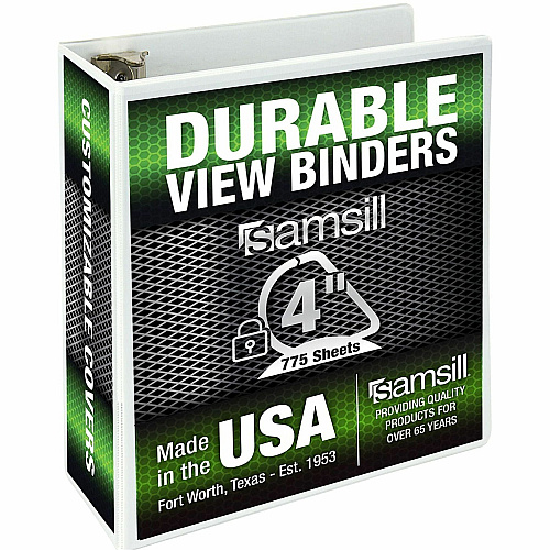 Samsill Nonstick 4" View D-Ring Binder 4" Binder Capacity - Letter - 8 1/2" x 11" Sheet Size - 800 Sheet Capacity - 3 Ring - Fastener: D-Ring - Pocket: 2, Internal - Polypropylene, Chipboard - White - 2 lb - Recycled - Locking Ring, Clear Overlay, (16497)