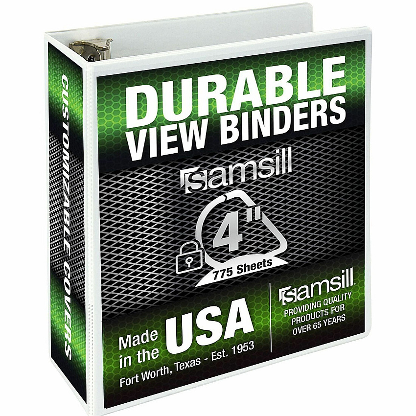 Samsill Nonstick 4" View D-Ring Binder 4" Binder Capacity - Letter - 8 1/2" x 11" Sheet Size - 800 Sheet Capacity - 3 Ring - Fastener: D-Ring - Pocket: 2, Internal - Polypropylene, Chipboard - White - 2 lb - Recycled - Locking Ring, Clear Overlay, (16497)