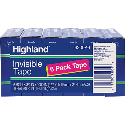 Highland 3/4"W Matte-finish Invisible Tape 27.78 yd Length x 0.75" Width - 1" Core - Matte - Clear - For Mending, Holding, Splicing - 6 / Pack (6200341000)
