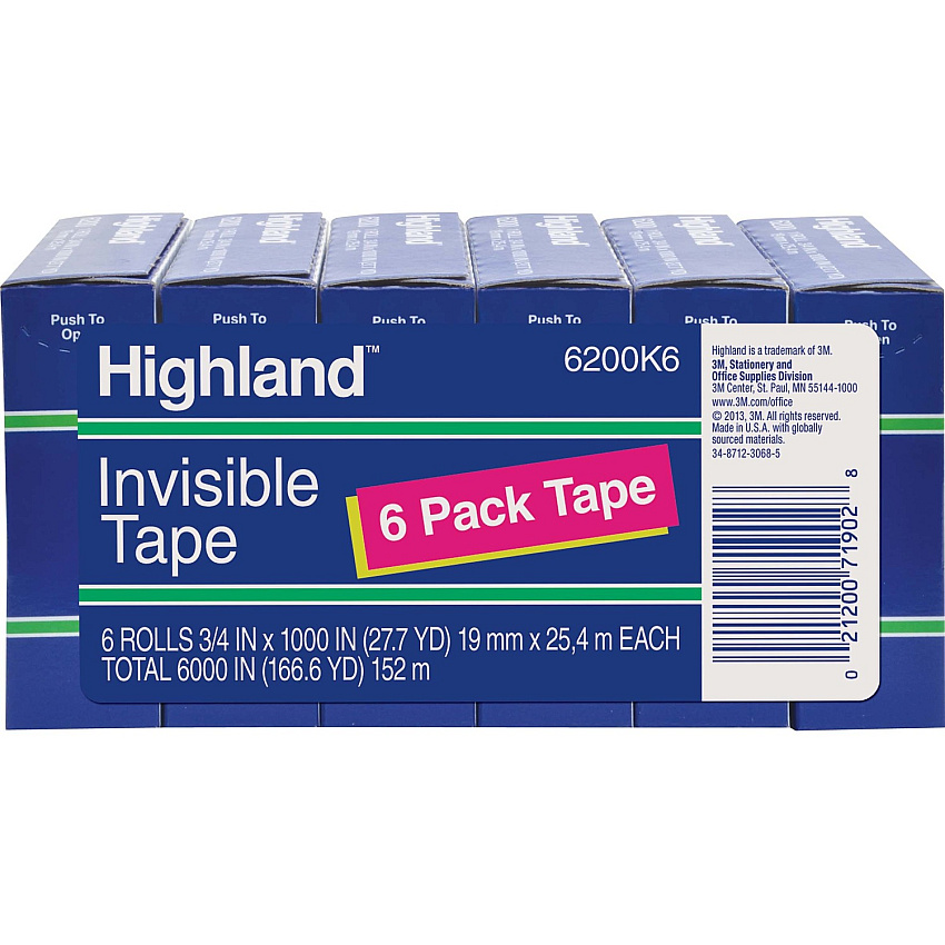 Highland 3/4"W Matte-finish Invisible Tape 27.78 yd Length x 0.75" Width - 1" Core - Matte - Clear - For Mending, Holding, Splicing - 6 / Pack (6200341000)